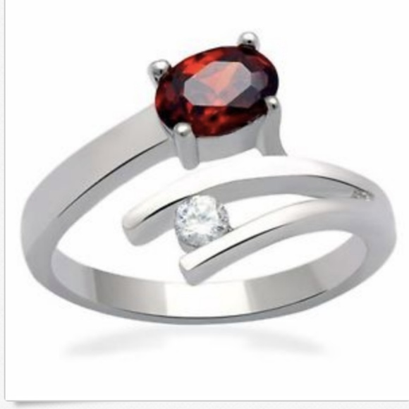 Silver Ruby Garnet Cocktail Ring Red Cubic Zirconia Wrap Size 10 Rhodium Plated - Picture 1 of 8